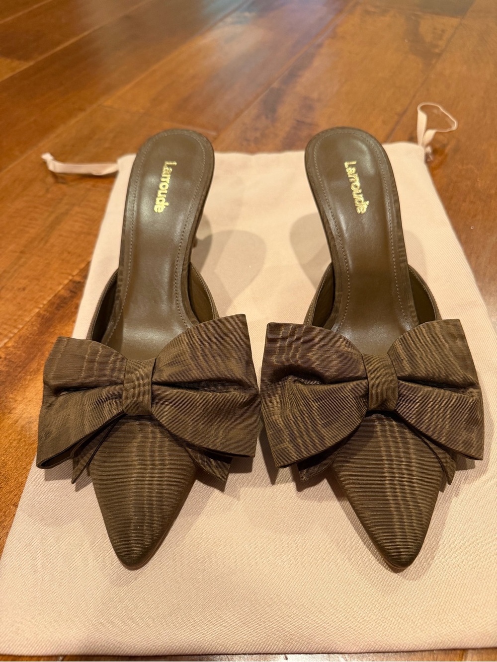 Larroude Brown Pointed-Toe Bow Mules
